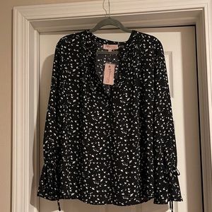 NWT Size Medium Black Blouse with Mini Leaf Print